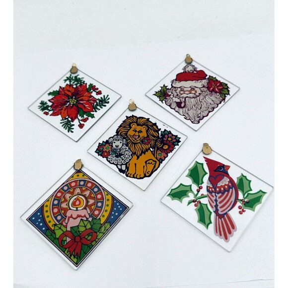 Vintage Christmas Ornament Lot of 5 Glass Cardinal Santa Lion Poinsettia Candle - Picture 1 of 9